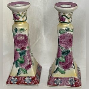 Vintage Hand Painted Embossed Taper Candlestick Holders. Pair. Floral Pastels.
